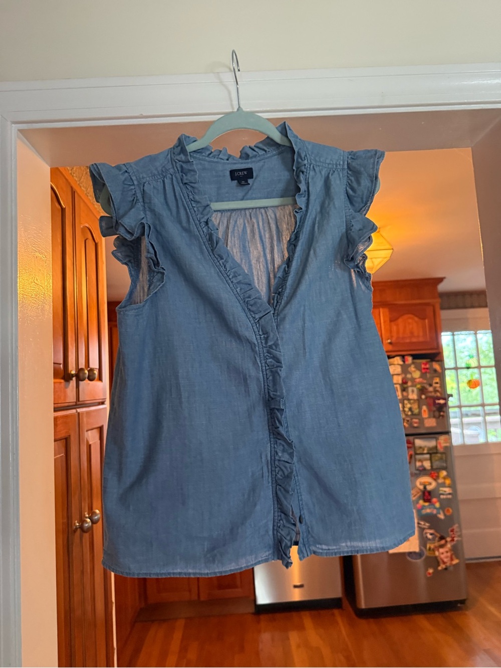 J. Crew Blue Chambray Ruffle Cap-Sleeve Blouse